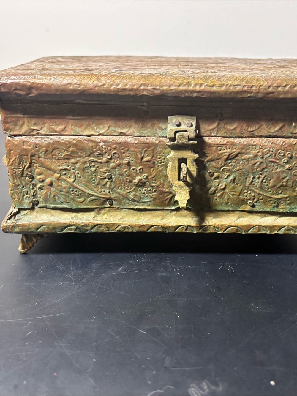Vintage Embossed Metal Trinket Box, Hinged Lid, Latch, Velvet Lined Interior